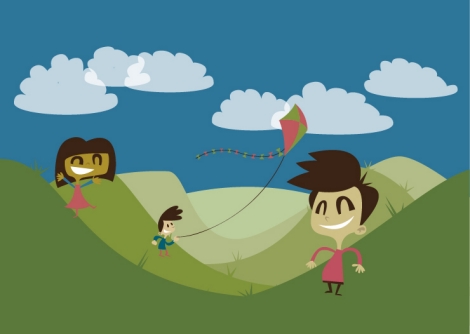 Cartoon of children on hills with kite