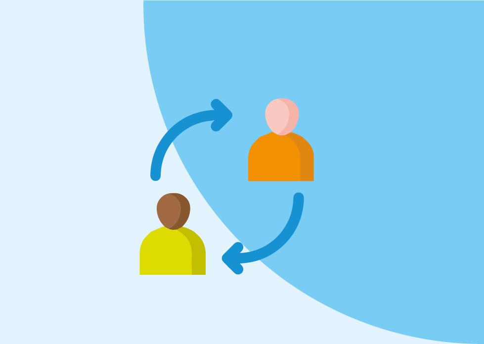 two 3d people connected by two pointed arrows