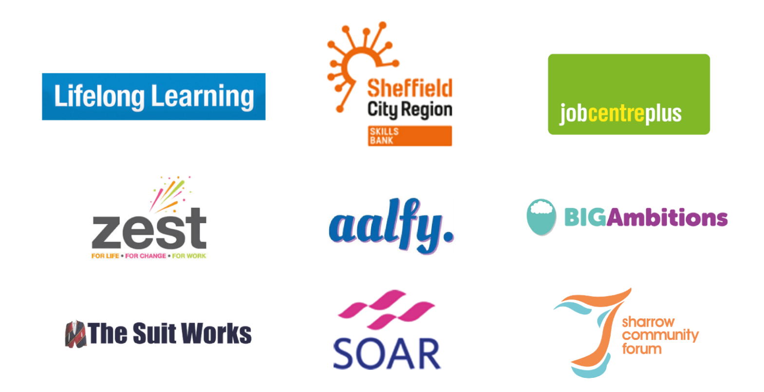 Logos of: Lifelong learning, Sheffield City Region Skills Bank,Job Centre Plus, Zest, Aalfy, Big Ambitions, The Suit Works, Soar and Sharrow community forum