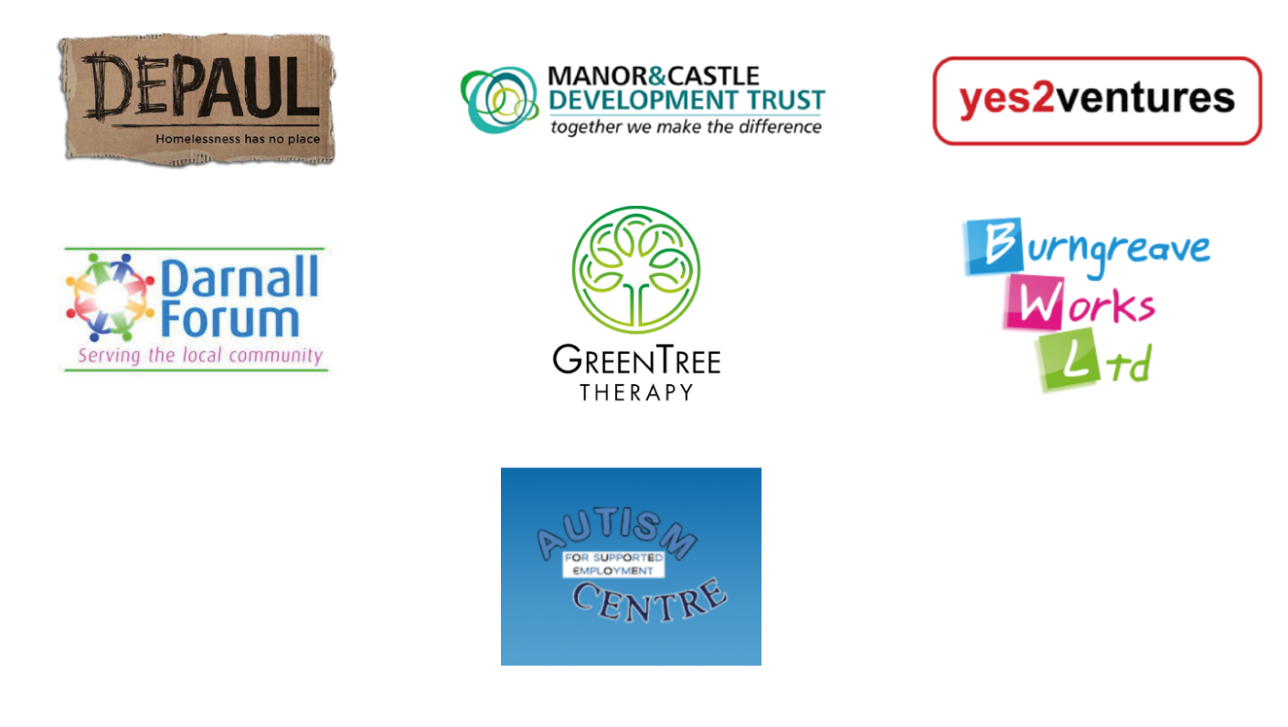 Logos of: DEPAUL, Manor & Castle Development Trust, yes2ventures, Darnall forum, GreenTree Therapy, Burngreave Works Ltd and Autism Centre.