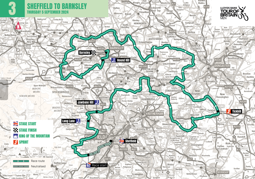 Map of Sheffield with the Tour of Britain route highlighted