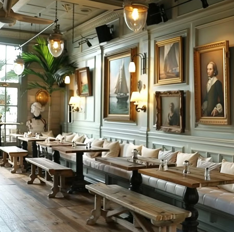 An artist's impression of how the inside of part of The Fargate pub might look. The walls are a light green colour with plenty of paintings on them. A long, cream, cushioned bench runs along the wall with wooden benches and tables facing it.