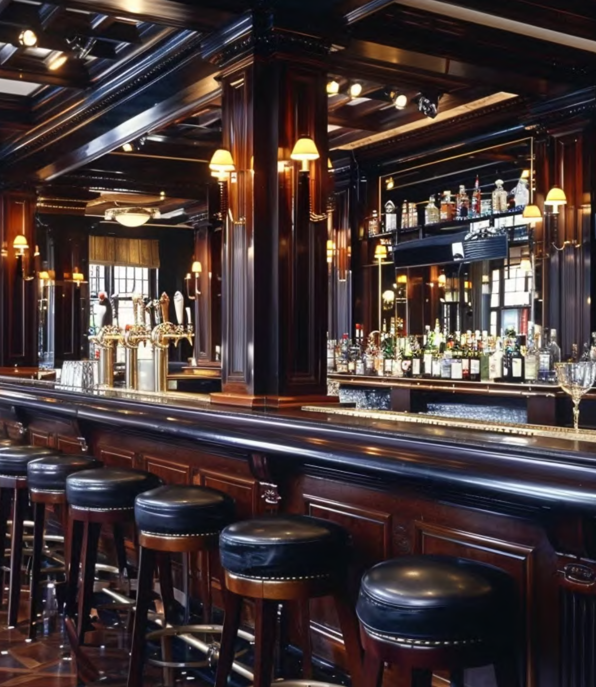 An artist's impression of how the inside of part of The Fargate pub might look. A dark wood bar and barstools are visibileand the bar is well-lit and stocked with drinks.