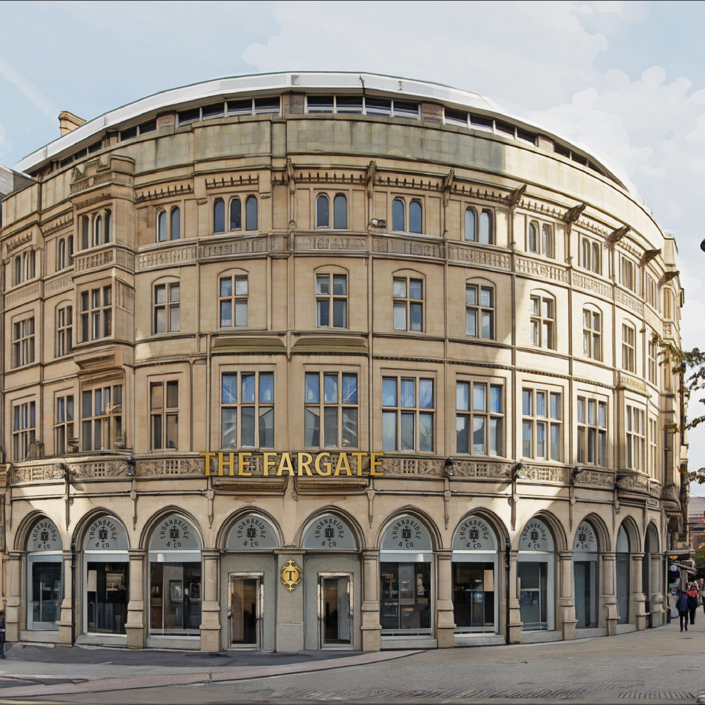 An artist's impression of what the front of The Fargate pub might look like. A light stone, curved building is seen with lots of windows and The Fargate written in large, golden capital letters.