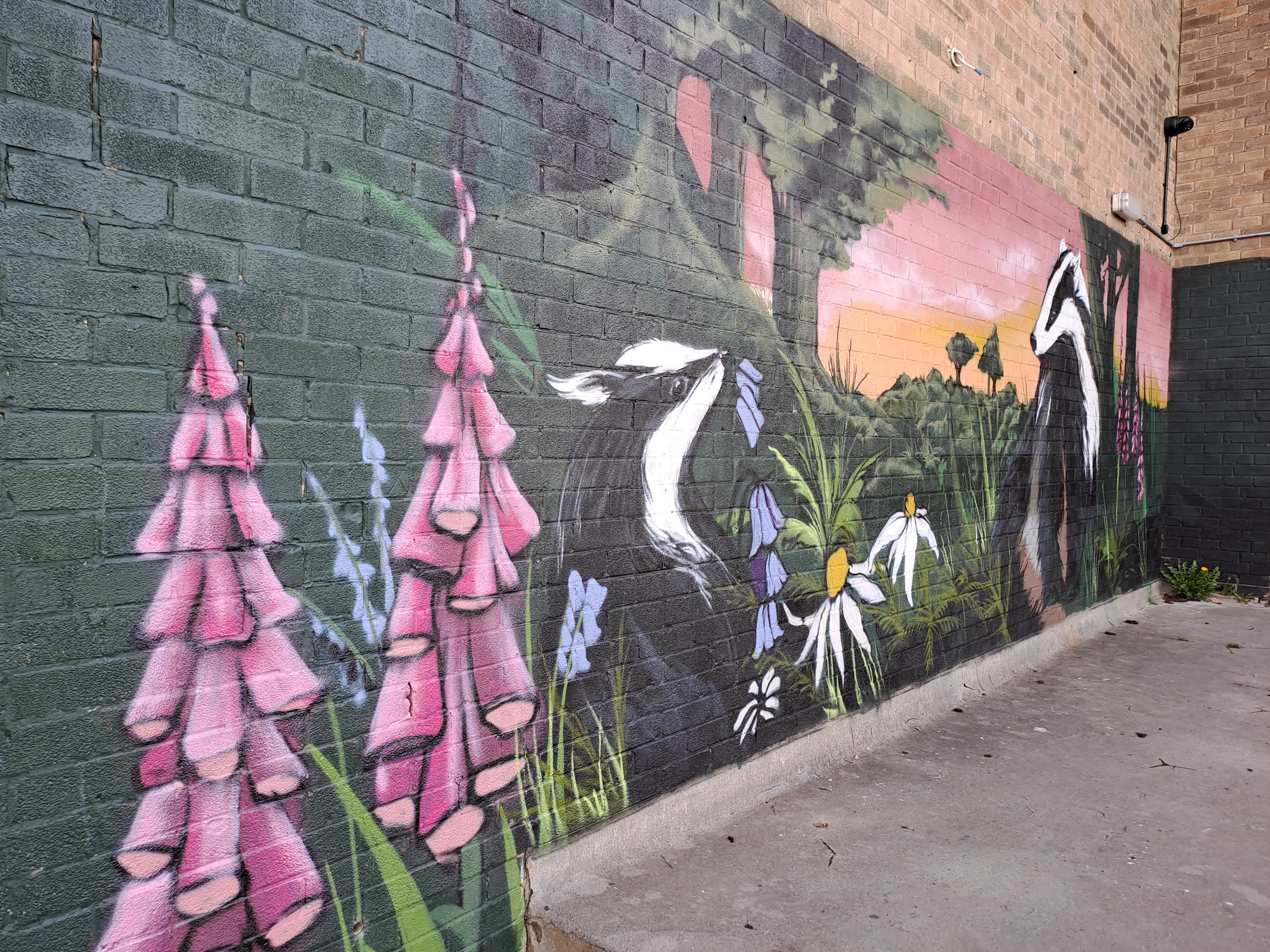A mural showing badgers playing among flowers and trees under a beautiful sunset at The Gaunt shopping precinct in Gleadless Valley