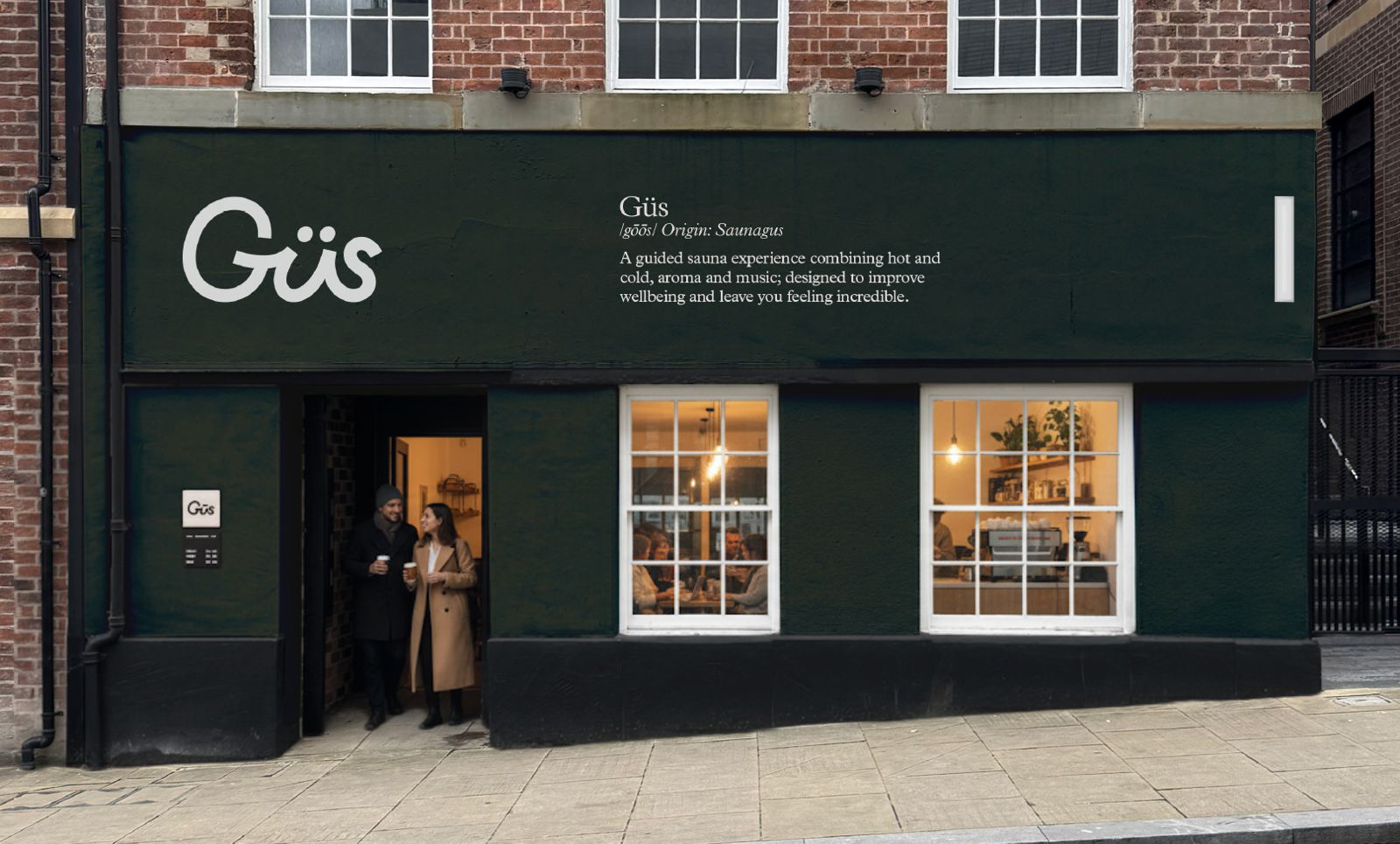 An artist impression of the front of a building with a black frontage, there are two white windows and 2 people coming out of the door both carrying cups