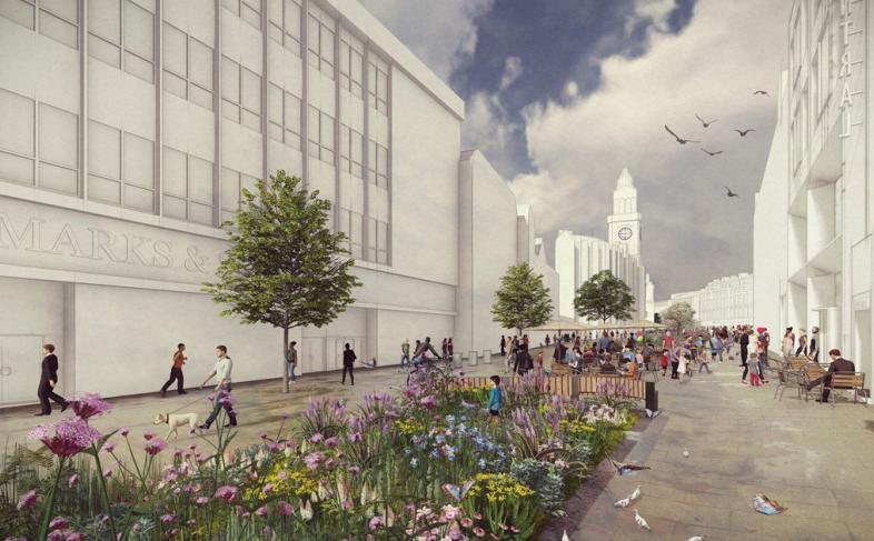 CGI image looking down the street with a church in the background, building surrounding a street filled with flowers and trees