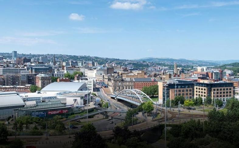 Sheffield city centre showing park square roundabout, Ponds Forge Leisure Centre and office blocks