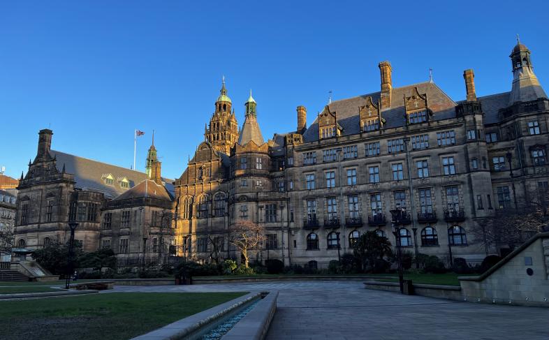 Sheffield Town Hall in the sun with blue skies