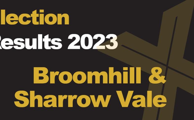 A green background picture with Election Results 2023 Broomhill & Sharrow Vale written in front