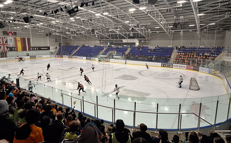 View of rink at ice Sheffield with a game of ice hockey taking place