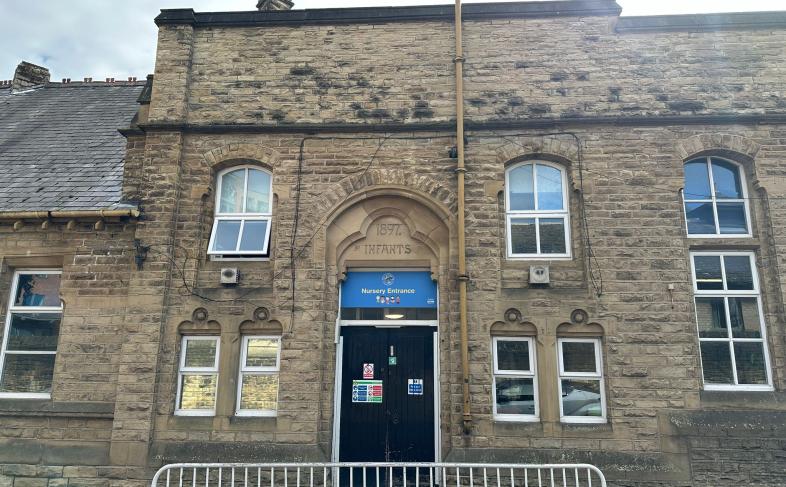 The main entrace to Springfield Nursery at the Springfield Primary School site in Sheffield city centre, on a cloudy day