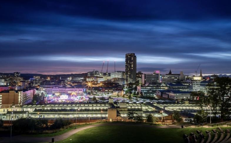 The Sheffield city centre skyline at night