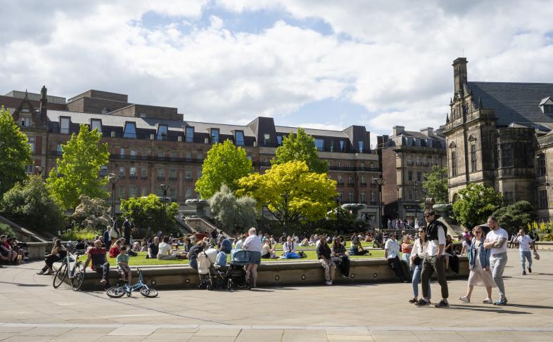 Sheffield City Centre with people around in the sunshine 