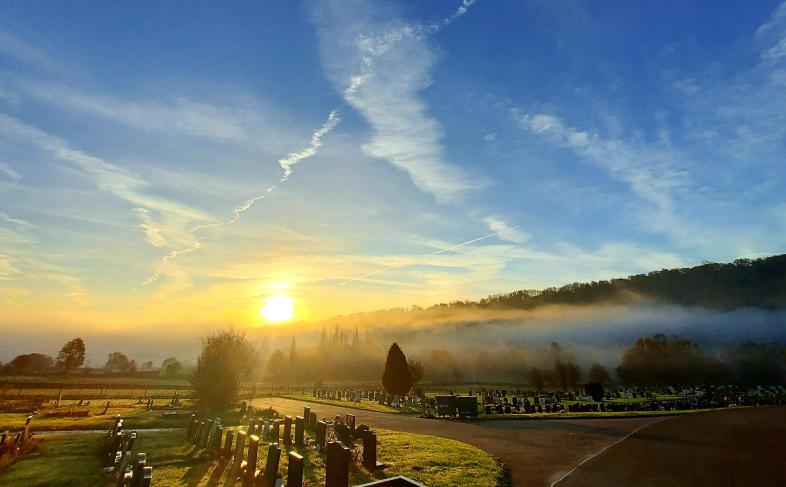 Wisewood Cemetery in the sun with blue skies 