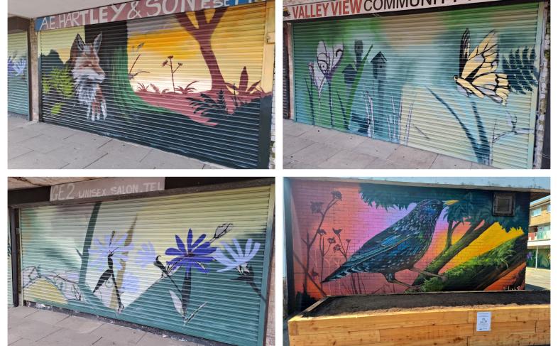 Some of the colourful murals painted onto shop shutters at The Gaunt shopping precinct in Gleadless Valley, showing beautiful images of sunsets, birds, fixes and flowers