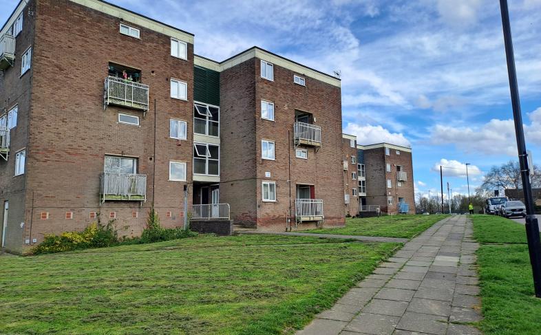 Brown, rendered housing blocks surrounded by grass and a pathway running past them on a sunny day with clouds in the blue sky
