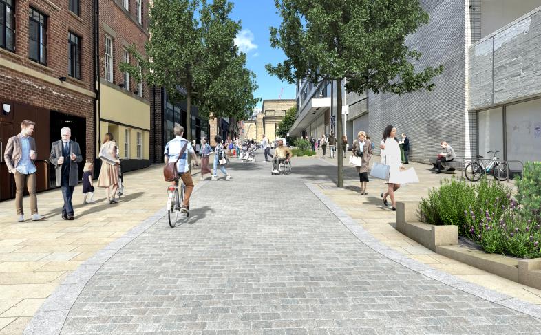 A computer generated image showing a street lined with trees on both sides and people walking and cycling along the street.