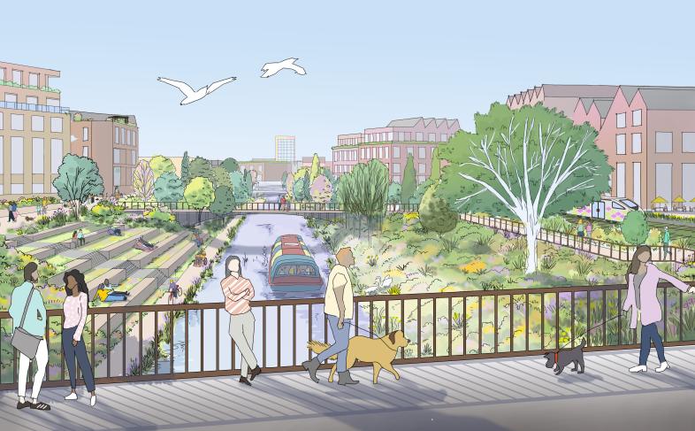 An artist impression of a neighbourhood featuring people on a bridge over a canal as a boat floats along, surrounding them are housing blocks and trees