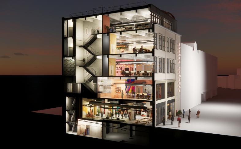 A CGI image showing the cross section of a building with each individual floor illuminated.