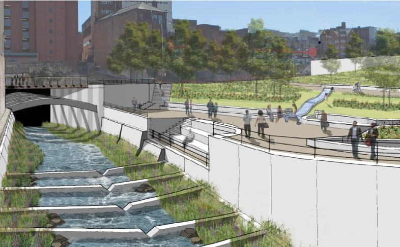 A computer-generated image of how the section of the park being created at the former Sheffield Castle site that overlooks the River Sheaf might look. The river is visible and open to the sky on the left. Viewing platforms are present for people to sit or stand by the river, while a child's slide is visible comign down the hill from the top of the castle site