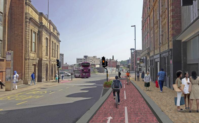 A computer generate image showing a cyclist using a cycle route with tall buildings on either side of the road.