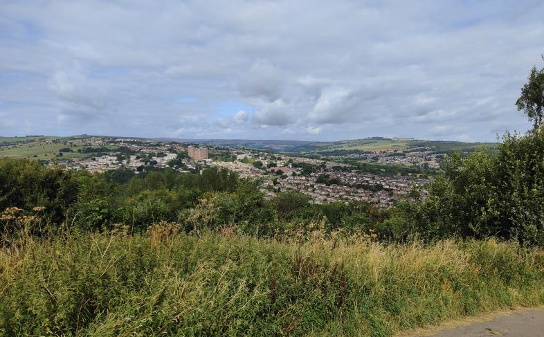 A view from the highest path at Bole Hill Recreation Ground. Housing can be seen in the distance, with plenty of green vegetation in the foreground. There is a mixture of blue skies and clouds above.