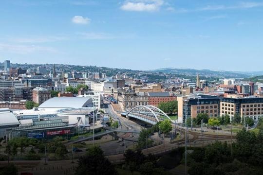 Sheffield city centre showing park square roundabout, Ponds Forge Leisure Centre and office blocks
