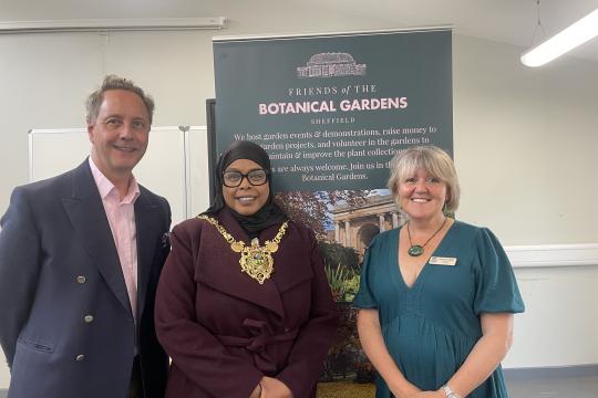 Left to Right: Miles Stevenson, Chair of the Sheffield Botanical Gardens Trust, Lord Mayor Cllr Safiya Saeed, and Carolyn Clark, Chair of The Friends of Botanical Gardens Sheffield