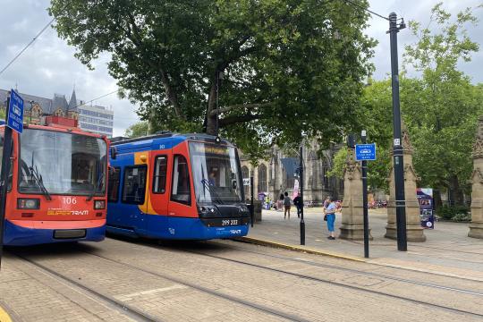 Two Sheffield Trams wait on the left hand side of the picture with a tree overhanging them and street lights to the right