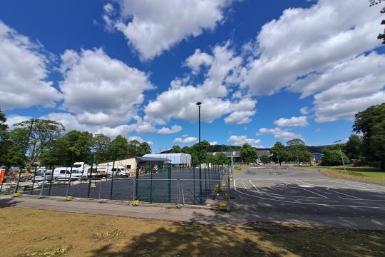 View of the new games are being constructed with blue skies above 