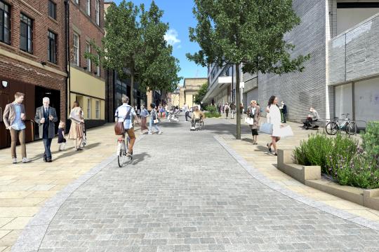 A computer generated image showing a street lined with trees on both sides and people walking and cycling along the street.