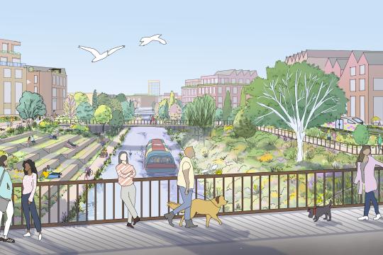 An artist impression of a neighbourhood featuring people on a bridge over a canal as a boat floats along, surrounding them are housing blocks and trees