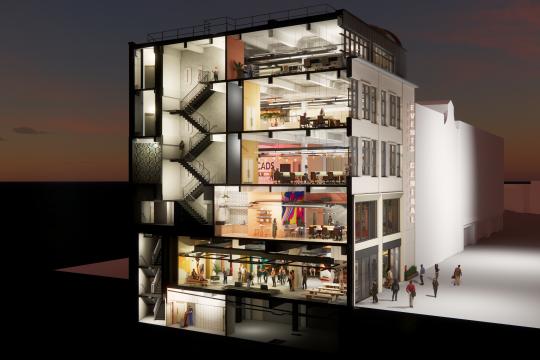 A CGI image showing the cross section of a building with each individual floor illuminated.