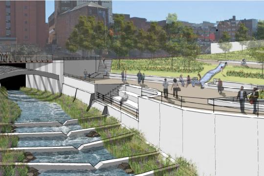 A computer-generated image of how the section of the park being created at the former Sheffield Castle site that overlooks the River Sheaf might look. The river is visible and open to the sky on the left. Viewing platforms are present for people to sit or stand by the river, while a child's slide is visible comign down the hill from the top of the castle site