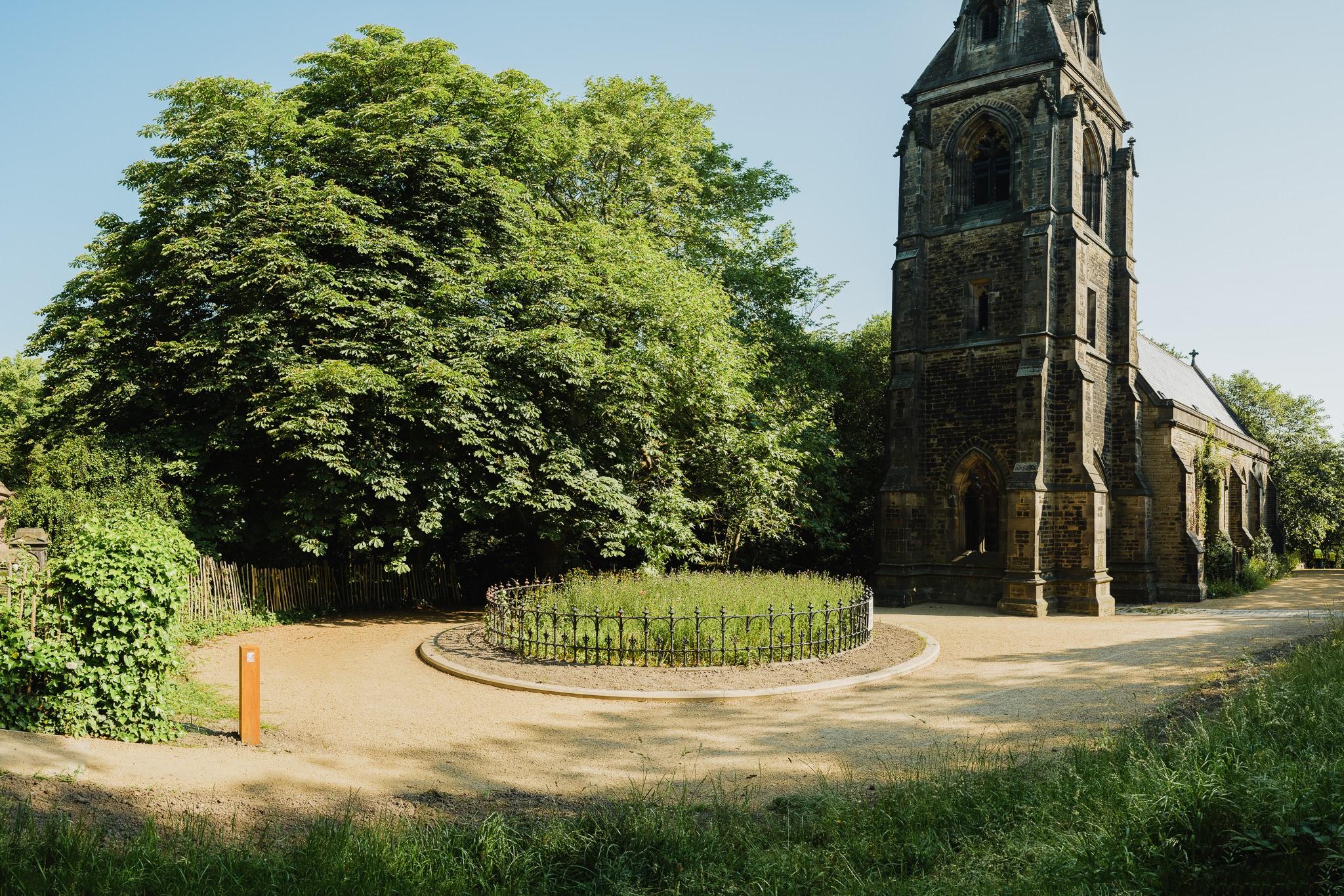 A photo showing part of a church in Sheffield General Cemetery