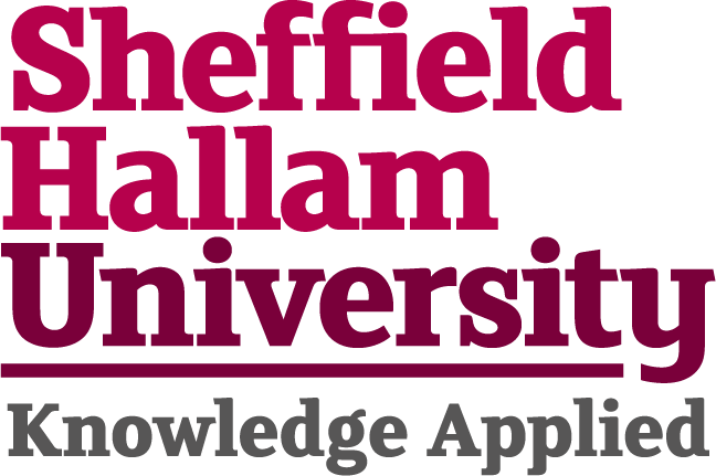 Pink and maroon text that reads Sheffield Hallam University and underneath it in grey reads knowledge applied