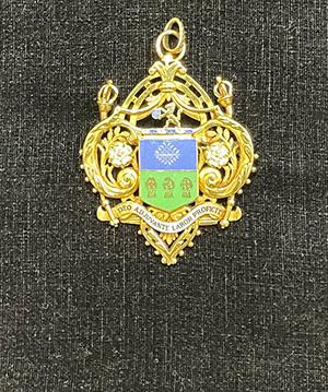 Lady Mayoress’ Badge, made of gold with blue and green central panel..